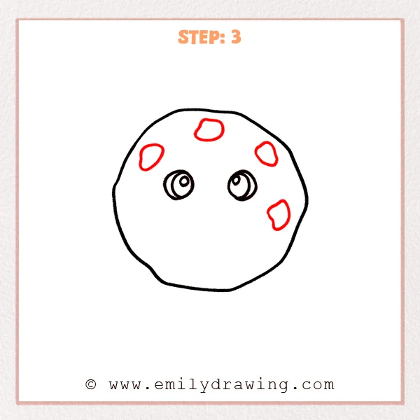 how to draw a cartoon cookie - Step 3 adds several uneven chocolate chip shapes on the cartoon cookie around the eyes and near the edge.